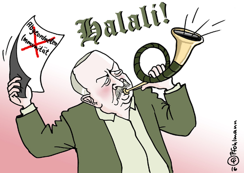 Cartoon: Halali! (medium) by Pfohlmann tagged karikatur,cartoon,2016,color,farbe,türkei,parlament,zweidrittelmehrheit,immunität,aufhebung,aufgehoben,erdogan,präsident,hdp,opposition,kurden,kurdenpartei,verfolgung,jagd,halali,jagdhorn,mehrheit,verfassung,verfassungsänderung,karikatur,cartoon,2016,color,farbe,türkei,parlament,zweidrittelmehrheit,immunität,aufhebung,aufgehoben,erdogan,präsident,hdp,opposition,kurden,kurdenpartei,verfolgung,jagd,halali,jagdhorn,mehrheit,verfassung,verfassungsänderung