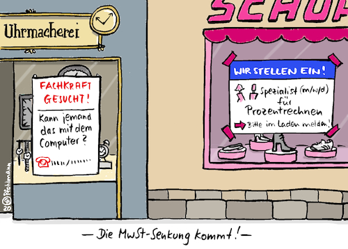 Cartoon: Handelshilfe MwSt-Senkung (medium) by Pfohlmann tagged 2020,coronakrise,corona,einzelhandel,mehrwertsteuer,mehrwertsteuersenkung,steuersenkung,hilfe,wirtschaft,konsum,preise,prozent,prozente,digitalisierung,computer,einzelhändler,fachkräfte,arbeitsmarkt,aufschwung,2020,coronakrise,corona,einzelhandel,mehrwertsteuer,mehrwertsteuersenkung,steuersenkung,hilfe,wirtschaft,konsum,preise,prozent,prozente,digitalisierung,computer,einzelhändler,fachkräfte,arbeitsmarkt,aufschwung