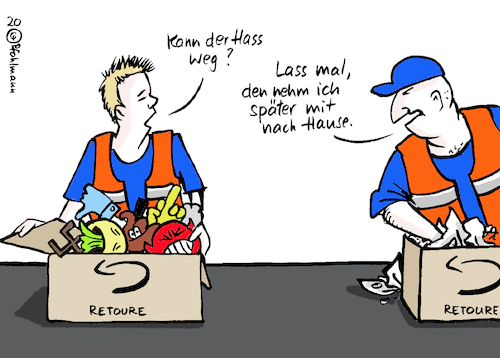 Cartoon: Hass-Retoure (medium) by Pfohlmann tagged 2020,global,welt,onlinehandel,retoure,retouren,verschwendung,umwelt,hass,netz,internet,hate,speech,hatespeech,amazon,onlinehändler,user,hetze,soziale,medien,social,media,facebook,twitter,2020,global,welt,onlinehandel,retoure,retouren,verschwendung,umwelt,hass,netz,internet,hate,speech,hatespeech,amazon,onlinehändler,user,hetze,soziale,medien,social,media,facebook,twitter