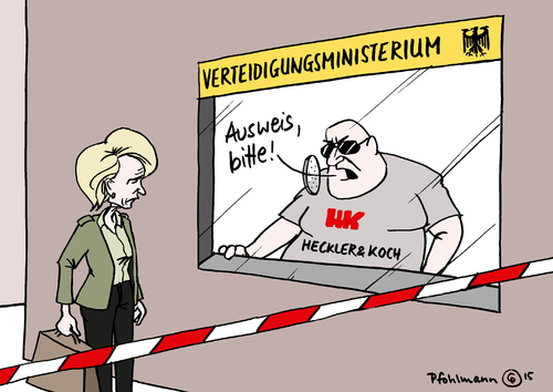 Cartoon: Heckler und Koch Pforte (medium) by Pfohlmann tagged karikatur,cartoon,2015,color,farbe,deutschland,heckler,und,koch,verteidigungsministerium,lobby,einfluss,pforte,pförtner,von,der,leyen,verteidigungsministerin,waffenhersteller,waffenindustrie,verflechtung,sturmgewehr,waffenlobby,karikatur,cartoon,2015,color,farbe,deutschland,heckler,und,koch,verteidigungsministerium,lobby,einfluss,pforte,pförtner,von,der,leyen,verteidigungsministerin,waffenhersteller,waffenindustrie,verflechtung,sturmgewehr,waffenlobby