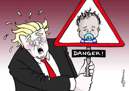 Cartoon: His Panic (medium) by Pfohlmann tagged karikatur,cartoon,farbe,color,2018,usa,trump,präsident,flüchtlinge,hispanic,mittelamerika,treck,zuwanderer,migranten,el,salvador,honduras,mexiko,guatemala,schild,warnung,angst,panik,kinder,staatsbürgerschaft,babys,geburt,verfassung,wahlkampf,midterms,kongress,wahlen,wahl,angstmache,panikmache,republikaner,karikatur,cartoon,farbe,color,2018,usa,trump,präsident,flüchtlinge,hispanic,mittelamerika,treck,zuwanderer,migranten,el,salvador,honduras,mexiko,guatemala,schild,warnung,angst,panik,kinder,staatsbürgerschaft,babys,geburt,verfassung,wahlkampf,midterms,kongress,wahlen,wahl,angstmache,panikmache,republikaner