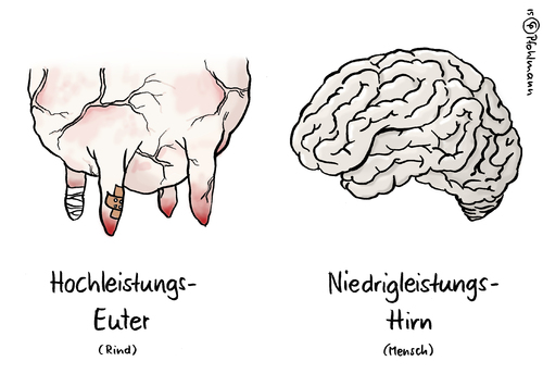 Cartoon: Hochleistungseuter (medium) by Pfohlmann tagged karikatur,cartoon,2015,color,farbe,deutschland,milchquote,abschaffung,eu,landwirtschaft,rind,kuh,milch,euter,mensch,hirn,gehirn,tierquälerei,milchwirtschaft,hochleistungseuter,hochleistungskuh,tierhaltung,intelligenz,empathie,mitgefühl,massentierhaltung,entzündungen,karikatur,cartoon,2015,color,farbe,deutschland,milchquote,abschaffung,eu,landwirtschaft,rind,kuh,milch,euter,mensch,hirn,gehirn,tierquälerei,milchwirtschaft,hochleistungseuter,hochleistungskuh,tierhaltung,intelligenz,empathie,mitgefühl,massentierhaltung,entzündungen