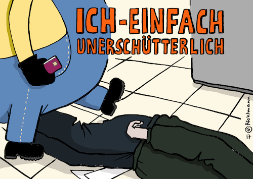 Cartoon: ICH unerschütterlich (medium) by Pfohlmann tagged karikatur,cartoon,color,farbe,2017,deutschland,unterlassene,hilfeleistung,ich,unerschütterlich,unverbesserlich,kino,egoismus,erste,hilfe,prozess,urteil,bankfiliale,vorraum,mann,sterbender,gleichgültigkeit,passanten,bankkunden,überwachungskamera,geldautomat,karikatur,cartoon,color,farbe,2017,deutschland,unterlassene,hilfeleistung,ich,unerschütterlich,unverbesserlich,kino,egoismus,erste,hilfe,prozess,urteil,bankfiliale,vorraum,mann,sterbender,gleichgültigkeit,passanten,bankkunden,überwachungskamera,geldautomat