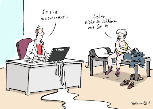 Cartoon: Inkontinenz (medium) by Pfohlmann tagged 2019,deutschland,gesundheit,gesundheitspolitik,digitalisierung,medizin,datenschutz,arzt,praxis,ärzte,patienten,schweigepflicht,inkontinenz,telematik,pc,computer,hacker,2019,deutschland,gesundheit,gesundheitspolitik,digitalisierung,medizin,datenschutz,arzt,praxis,ärzte,patienten,schweigepflicht,inkontinenz,telematik,pc,computer,hacker