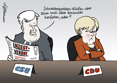 Cartoon: Inzestverbot (medium) by Pfohlmann tagged schlagzeile,meldung,nachricht,zeitung,geschwister,merkel,seehofer,cdu,csu,schwesterparteien,schwestern,egmr,gerichtshof,europäischer,gericht,menschenrechte,straßburg,urteil,gesetz,inzestverbot,verbot,inzest,deutschland,2012,farbe,color,karikatur,2012,deutschland,inzest,verbot,inzestverbot,gesetz,urteil,menschenrechte,straßburg,gericht,europäischer