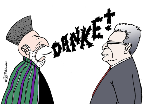 Cartoon: Karsais Dank (medium) by Pfohlmann tagged karikatur,cartoon,color,farbe,2013,deutschland,afghanistan,karsai,de,maiziere,verteidigungsminister,nato,einsatz,ende,krieg,militär,danke,dankbarkeit,unglück,opfer,kriegsopfer,kampfeinsatz,antiterroreinsatz,karikatur,cartoon,color,farbe,2013,deutschland,afghanistan,karsai,de,maiziere,verteidigungsminister,nato,einsatz,ende,krieg,militär,danke,dankbarkeit,unglück,opfer,kriegsopfer,kampfeinsatz,antiterroreinsatz