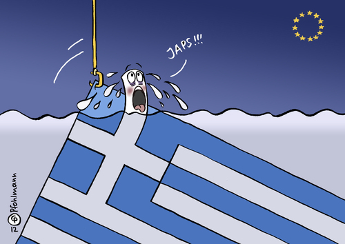 Cartoon: Knapp (medium) by Pfohlmann tagged karikatur,color,farbe,2012,griechenland,eu,euro,eurokrise,schuldenkrise,schulden,rettungsschirm,hilfe,helfen,flagge,fahne,ertrinken,japs,japsen,luft,schnappen,luftschnappen,rettung,zahlungsunfähigkeit,insolvenz,schuldenschnitt,staatspleite,2012,griechenland,eu,euro,eurokrise,schuldenkrise,schulden,rettungsschirm,hilfe,helfen,flagge,fahne,ertrinken