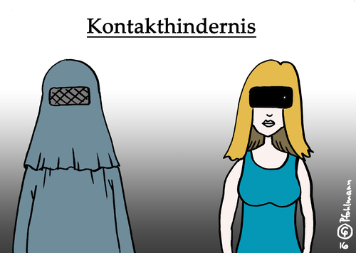 Cartoon: Kontakthindernis (medium) by Pfohlmann tagged karikatur,cartoon,2016,color,farbe,deutschland,global,europa,islam,integration,burka,kleidung,smartphone,handy,smombie,abhängigkeit,kontakt,hindernis,mimik,augen,blick,blicke,blickkontakt,schleier,verschleierung,vollverschleierung,vermummung,karikatur,cartoon,2016,color,farbe,deutschland,global,europa,islam,integration,burka,kleidung,smartphone,handy,smombie,abhängigkeit,kontakt,hindernis,mimik,augen,blick,blicke,blickkontakt,schleier,verschleierung,vollverschleierung,vermummung