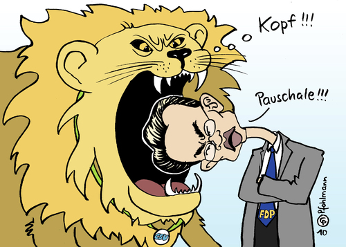 Cartoon: Kopfpauschale (medium) by Pfohlmann tagged kopfpauschale,rösler,gesundheitsreform,gesundheitsminister,fdp,csu,löwe,koalition,schwarz,gelb,kopfpauschale,rösler,gesundheitsminister,fdp,löwe,csu,koalition,schwarz,gelb,gesundheit,pauschale