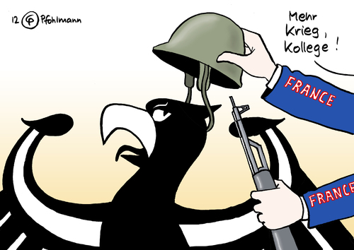 Cartoon: Kriegsbeteiligung (medium) by Pfohlmann tagged karikatur,cartoon,color,farbe,2012,deutschland,frankreich,krieg,bundesadler,aufforderung,teilnahme,kriegseinsätze,auslandseinsätze,beteiligung,verantwortung,militär,außenpolitik,bundeswehr,karikatur,cartoon,color,farbe,2012,deutschland,frankreich,krieg,bundesadler,aufforderung,teilnahme,kriegseinsätze,auslandseinsätze,beteiligung,verantwortung,militär,außenpolitik,bundeswehr