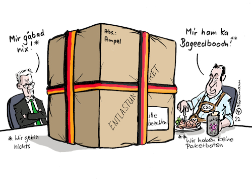 Cartoon: Länder Entlastungspaket (medium) by Pfohlmann tagged bundesländer,entlastungspaket,inflation,bund,ampel,ampelkoalition,bundesregierung,ministerpräsident,csu,grüne,spd,fdp,kretschmann,söder,baden,württemberg,bayern,oktoberfest,wiesen,wiesn,hendl,bier,corona,inzidenz,preise,gaskrise,energie,kosten,geld,finanzen,föderalismus,bundesländer,entlastungspaket,inflation,bund,ampel,ampelkoalition,bundesregierung,ministerpräsident,csu,grüne,spd,fdp,kretschmann,söder,baden,württemberg,bayern,oktoberfest,wiesen,wiesn,hendl,bier,corona,inzidenz,preise,gaskrise,energie,kosten,geld,finanzen,föderalismus