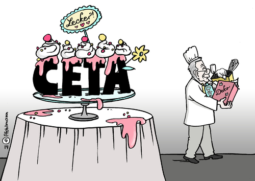 Cartoon: lecker CETA (medium) by Pfohlmann tagged karikatur,cartoon,color,farbe,2014,deutschland,kanada,gauck,freihandelsabkommen,ceta,wirtschaft,kapitalismus,kritik,klagerecht,konzerne,zuckerbäcker,konditor,koch,bäcker,dekoration,deko,lecker,proteste,zoll,handel,handelsschranken,karikatur,cartoon,color,farbe,2014,deutschland,kanada,gauck,freihandelsabkommen,ceta,wirtschaft,kapitalismus,kritik,klagerecht,konzerne,zuckerbäcker,konditor,koch,bäcker,dekoration,deko,lecker,proteste,zoll,handel,handelsschranken