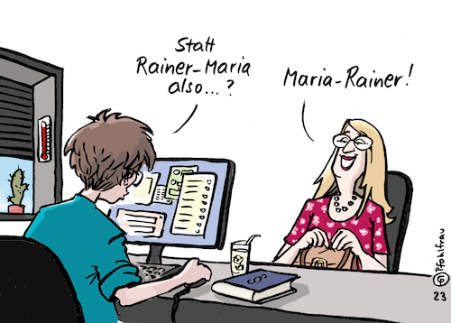 Cartoon: Maria-Rainer (medium) by Pfohlmann tagged selbstbestimmung,selbstbestimmungsgesetz,geschlecht,name,vorname,trans,lgbtq,standesamt,namensänderung,mann,frau,weiblich,divers,ampel,bundesregierung,liberalisierung,identität,selbstbestimmung,selbstbestimmungsgesetz,geschlecht,name,vorname,trans,lgbtq,standesamt,namensänderung,mann,frau,weiblich,divers,ampel,bundesregierung,liberalisierung,identität