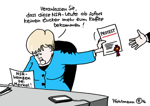 Cartoon: Merkel bestraft NSA (medium) by Pfohlmann tagged karikatur,cartoon,2016,color,farbe,deutschland,merkel,bundeskanzlerin,nsa,affäre,spionage,wanzen,abhören,handy,gespräche,lauschangriff,geheimdienst,usa,protest,kaffee,zucker,smartphone,karikatur,cartoon,2016,color,farbe,deutschland,merkel,bundeskanzlerin,nsa,affäre,spionage,wanzen,abhören,handy,gespräche,lauschangriff,geheimdienst,usa,protest,kaffee,zucker,smartphone