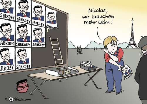 Cartoon: Merkel plakatiert (medium) by Pfohlmann tagged karikatur,color,farbe,2012,deutschland,frankreich,sarkozy,merkel,unterstützung,wahlkampf,präsidentschaftswahlkampf,präsident,bundeskanzlerin,plakate,plakatieren,leim,flugblatt,flyer,paris,ministerrat,deutschland,2012,frankreich,sarkozy,merkel,unterstützung,präsidentschaftswahlkampf,wahlkampf,präsident,bundeskanzlerin,plakate