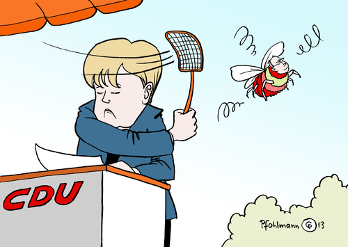 Cartoon: Merkels Fliegenklatsche (medium) by Pfohlmann tagged karikatur,cartoon,color,farbe,2013,deutschland,bundestagswahlkampf,merkel,bundeskanzlerin,kandidatin,cdu,kandidat,kanzlerkandidat,steinbrück,ignoranz,ignorieren,spd,wahlkampf,bundestagswahl,wahl,wahlen,rednerpult,hummel,fliegenklatsche,karikatur,cartoon,color,farbe,2013,deutschland,bundestagswahlkampf,merkel,bundeskanzlerin,kandidatin,cdu,kandidat,kanzlerkandidat,steinbrück,ignoranz,ignorieren,spd,wahlkampf,bundestagswahl,wahl,wahlen,rednerpult,hummel,fliegenklatsche