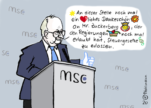 Cartoon: MSC-FB (medium) by Pfohlmann tagged 2020,deutschland,global,welt,sicherheitskonferenz,ischinger,münchen,zuckerberg,facebook,regierungen,steuern,politik,politiker,gesetze,macht,2020,deutschland,global,welt,sicherheitskonferenz,ischinger,münchen,zuckerberg,facebook,regierungen,steuern,politik,politiker,gesetze,macht