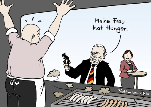 Cartoon: Mundraub (medium) by Pfohlmann tagged köhler,bundespräsident,mundraub,imbiss,waffe,überfall,imbissbude,krieg,ressourcen,hunger,horst köhler,bundespräsident,mundraub,imbiss,waffe,überfall,krieg,hunger,ressourcen,kriminalität,armut,arm,wurst,essen,horst,köhler