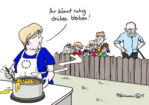 Cartoon: Mutti lockt (medium) by Pfohlmann tagged karikatur,cartoon,2015,color,farbe,deutschland,riga,gipfel,ostpartnerschaft,merkel,östliche,partnerschaft,putin,eu,osterweiterung,kandidatur,mitgliedschaft,mutti,kocht,russland,einfluss,sowjetrepubliken,weißrussland,moldau,armenien,aserbeidschan,georgien,ukraine,sowjetunion,assoziierungsabkommen,karikatur,cartoon,2015,color,farbe,deutschland,riga,gipfel,ostpartnerschaft,merkel,östliche,partnerschaft,putin,eu,osterweiterung,kandidatur,mitgliedschaft,mutti,kocht,russland,einfluss,sowjetrepubliken,weißrussland,moldau,armenien,aserbeidschan,georgien,ukraine,sowjetunion,assoziierungsabkommen