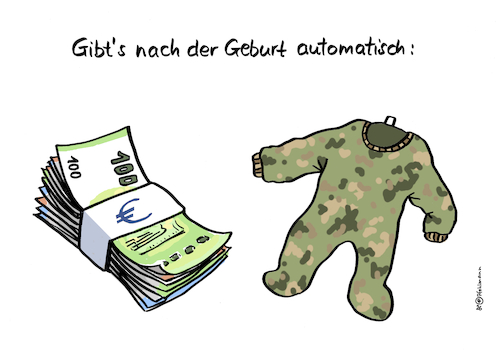 Cartoon: Nach Geburt automatisch (medium) by Pfohlmann tagged kindergeld,familien,haushalt,sozialpolitik,camouflage,militarisierung,krieg,baby,strampler,geburt,sozialleistung,bundeswehr,flecktarn,bundesregierung,kindergeld,familien,haushalt,sozialpolitik,militarisierung,krieg,baby,strampler,geburt,sozialleistung,bundeswehr,flecktarn,bundesregierung