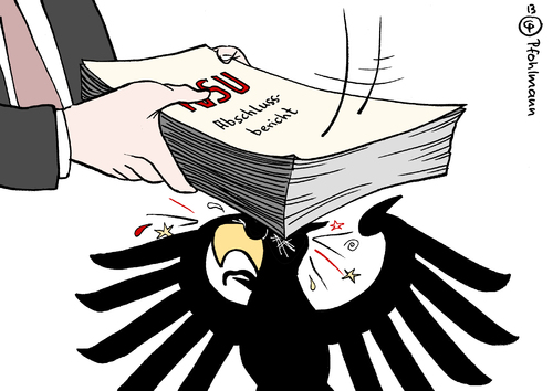 Cartoon: NSU Abschlussbericht (medium) by Pfohlmann tagged karikatur,cartoon,color,farbe,2013,deutschland,nsu,untersuchungsausschuss,bericht,abschlussbericht,schlag,versagen,bundesadler,behörden,polizei,verfassungsschutz,geheimdienst,mordserie,rechtsextremismus,terrorismus,karikatur,cartoon,color,farbe,2013,deutschland,nsu,untersuchungsausschuss,bericht,abschlussbericht,schlag,versagen,bundesadler,behörden,polizei,verfassungsschutz,geheimdienst,mordserie,rechtsextremismus,terrorismus