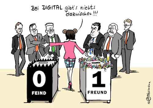 Cartoon: Null oder Eins (medium) by Pfohlmann tagged karikatur,cartoon,farbe,color,2018,deutschland,digitalgipfel,digital,null,eins,freund,feind,schwarz,weiß,schwarzweiß,bär,digitalministerin,länder,bundesrat,grundgesetzänderung,bildungshoheit,föderalismus,digitalpakt,schulen,bildung,bildungspolitik,finanzierung,karikatur,cartoon,farbe,color,2018,deutschland,digitalgipfel,digital,null,eins,freund,feind,schwarz,weiß,schwarzweiß,bär,digitalministerin,länder,bundesrat,grundgesetzänderung,bildungshoheit,föderalismus,digitalpakt,schulen,bildung,bildungspolitik,finanzierung