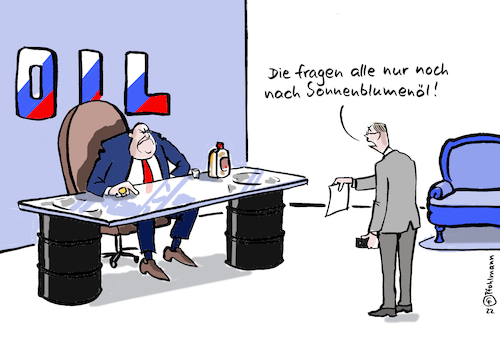 Cartoon: Nur Sonnenblumenöl (medium) by Pfohlmann tagged russland,ukraine,erdöl,öl,sonnenblumenöl,krieg,sanktionen,embargo,nachfrage,angebot,export,wirtschaft,hamstern,russland,ukraine,erdöl,öl,sonnenblumenöl,krieg,sanktionen,embargo,nachfrage,angebot,export,wirtschaft,hamstern