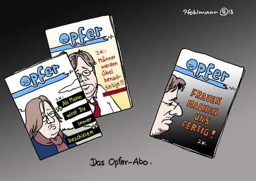 Cartoon: Opfer-Abo (medium) by Pfohlmann tagged karikatur,cartoon,color,farbe,2013,deutschland,kachelmann,jörg,unwort,des,jahres,opferabo,opfer,zeitschrift,abo,prozess,vergewaltigung,buch,presse,justiz,frauen,männer,benachteiligung,opferhaltung,karikatur,cartoon,color,farbe,2013,deutschland,kachelmann,jörg,unwort,des,jahres,opferabo,opfer,zeitschrift,abo,prozess,vergewaltigung,buch,presse,justiz,frauen,männer,benachteiligung,opferhaltung