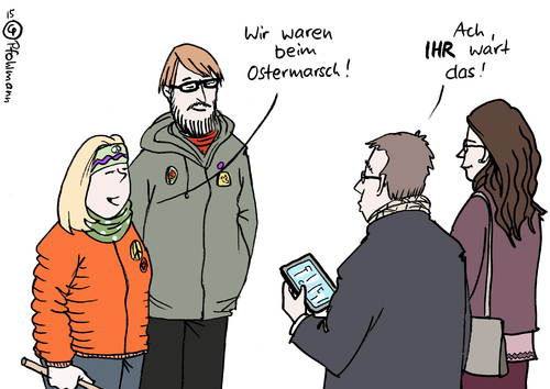 Cartoon: Ostermarsch (medium) by Pfohlmann tagged ostermärsche,ostermarsch,deutschland,farbe,color,2015,cartoon,karikatur,beteiligung,rückläufig,friedensbewegung,frieden,krieg,protest,demonstration,gewalt,aufrüstung,waffen,karikatur,cartoon,2015,color,farbe,deutschland,ostermarsch,ostermärsche,beteiligung,rückläufig,friedensbewegung,frieden,krieg,protest,demonstration,gewalt,aufrüstung,waffen