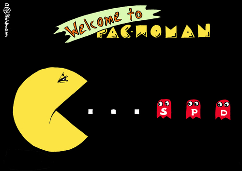 Cartoon: PacWoman (medium) by Pfohlmann tagged karikatur,cartoon,color,farbe,2013,deutschland,bundestagswahl,wahlergebnis,pacman,pacwoman,merkel,große,koalition,cdu,union,csu,spd,computerspiel,schlucken,karikatur,cartoon,color,farbe,2013,deutschland,bundestagswahl,wahlergebnis,pacman,pacwoman,merkel,große,koalition,cdu,union,csu,spd,computerspiel,schlucken