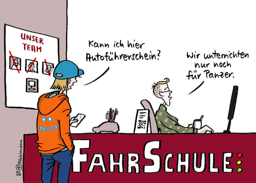 Cartoon: Panzerschein (medium) by Pfohlmann tagged fahrschule,führerschein,auto,pkw,panzer,aufrüstung,militarisierung,krieg,verteidigung,fahrlehrer,fahrschule,führerschein,auto,pkw,panzer,aufrüstung,militarisierung,krieg,verteidigung,fahrlehrer