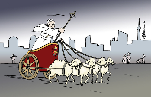 Cartoon: Papstbesuch (medium) by Pfohlmann tagged karikatur,color,farbe,2011,deutschland,papst,benedikt,xvi,berlin,besuch,rede,bundestag,quadriga,brandenburger,tor,schaf,schafe,schäflein,papststab,kutsche,deutschland,papst,besuch,rede,bundestag,berlin