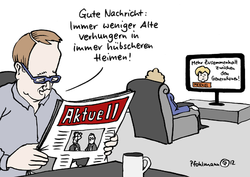 Cartoon: Pflegequalität (medium) by Pfohlmann tagged karikatur,color,farbe,2012,deutschland,pflegebericht,qualität,pflegequalitätsbericht,krankenkassen,mdk,medizinischer,dienst,pflege,pflegeheim,altenheim,senioren,generationen,alt,alte,nachricht,merkel,bundeskanzlerin,zusammenhalt,verhungern,verdursten,ernährung,ernährungszustand,verbesserung,2012,deutschland,pflegebericht,qualität,pflegequalitätsbericht,krankenkassen,dienst,pflege,pflegeheim,altenheim,mdk,senioren,generationen