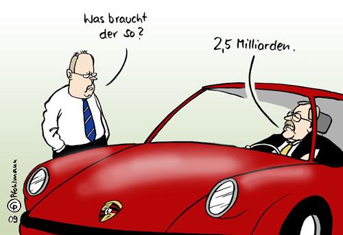 Cartoon: Porsche (medium) by Pfohlmann tagged porsche,verbrauch,wiedeking,steinbrück,finanzkrise,wirtschaftskrise,staatshilfen,finanzminister,deutschland,automobilindustrie,autoindustrie