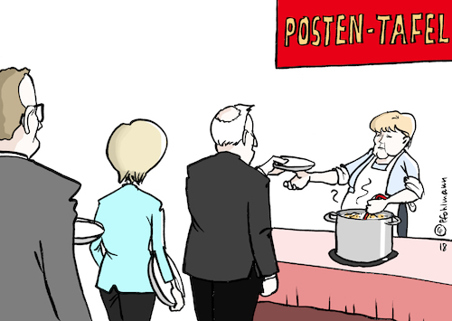 Cartoon: Posten-Tafel (medium) by Pfohlmann tagged karikatur,cartoon,color,farbe,2018,deutschland,union,minister,groko,große,koalition,merkel,bundeskanzlerin,regierung,posten,tafel,bedürftige,ministerämter,verteilung,essen,warme,mahlzeit,suppenküche,bekanntgabe,ministerien,spahn,von,der,leyen,seehofer,karikatur,cartoon,color,farbe,2018,deutschland,union,minister,groko,große,koalition,merkel,bundeskanzlerin,regierung,posten,tafel,bedürftige,ministerämter,verteilung,essen,warme,mahlzeit,suppenküche,bekanntgabe,ministerien,spahn,von,der,leyen,seehofer