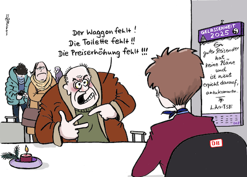 Cartoon: Preiserhöhung fehlt (medium) by Pfohlmann tagged db,bahn,preiserhöhungen,fahrplanwechsel,ticketpreise,fahrkarten,beschwerden,reklamationen,unpünktlichkeit,verspätungen,laotse,weisheit,sinnspruch,gelassenheit,zugverkehr,zugausfälle,infrastruktur,gewohnheiten,schalter,db,bahn,preiserhöhungen,fahrplanwechsel,ticketpreise,fahrkarten,beschwerden,reklamationen,unpünktlichkeit,verspätungen,laotse,weisheit,sinnspruch,gelassenheit,zugverkehr,zugausfälle,infrastruktur,gewohnheiten,schalter
