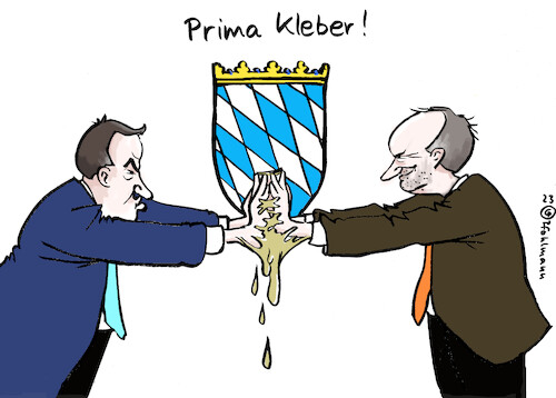 Cartoon: Prima Kleber (medium) by Pfohlmann tagged bayern,csu,fw,freie,wähler,söder,aiwanger,klimakleber,aktivisten,klima,kleber,koalition,regierung,staatsregierung,flugblattaffäre,flugblatt,schulzeit,antisemitismus,rechts,rechtsextremismus,bayern,csu,fw,freie,wähler,söder,aiwanger,klimakleber,aktivisten,klima,kleber,koalition,regierung,staatsregierung,flugblattaffäre,flugblatt,schulzeit,antisemitismus,rechts,rechtsextremismus