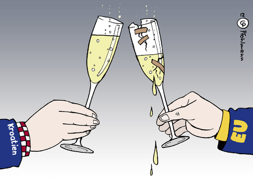 Cartoon: Prost! (medium) by Pfohlmann tagged karikatur,color,farbe,2012,eu,kroatien,referendum,volksabstimmung,zustimmung,beitritt,mitglied,sekt,anstoßen,sektgläser,tropfen,undicht,eurokrise,schuldenkrise,2012,eu,kroatien,referendum,volksabstimmung,zustimmung,beitritt,mitglied,anstoßen,sektgläser,tropfen