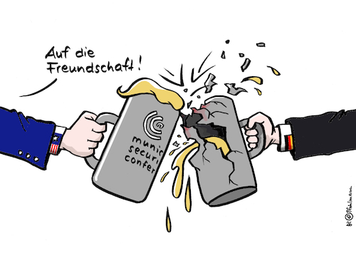 Cartoon: Prost auf Freundschaft (medium) by Pfohlmann tagged münchen,sicherheitskonferenz,msc,security,conference,bier,bayern,bierkrug,maßkrug,prost,freundschaft,usa,nato,deutschland,allianz,verteidigung,partnerschaft,trump,beziehungskrise,münchen,sicherheitskonferenz,msc,security,conference,bier,bayern,bierkrug,maßkrug,prost,freundschaft,usa,nato,deutschland,allianz,verteidigung,partnerschaft,trump,beziehungskrise