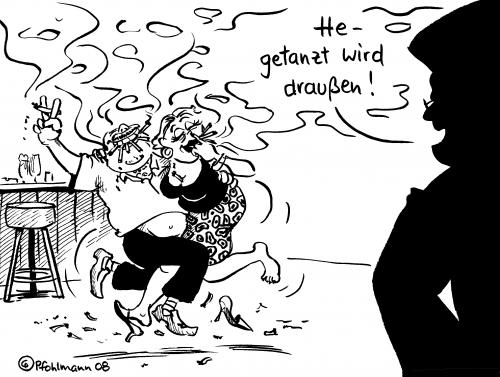 Cartoon: Rauchertanz (medium) by Pfohlmann tagged nichtraucherschutz,rauchverbot,eckkneipe,verfassungsgericht,karlsruhe,rauchverbot,urteil,nichtraucher,nichtraucherschutz,nichtraucherschutzgesetz,passivraucher,aktivraucher,gesetz,gastronomie,bundesverfassungsgericht,karlsruhe,eckkneipe,berlin,badenwürttemberg,baden württemberg,bar,umsatzrückgang,kunde,gast,lokal,gaststätte,gästerückgang,unzufriedenheit,insolvenz,konkurs,feier,neufassung,neuregelung,zigaretten,nikotin,sucht,droge,rauch,raucher,bundesdrogenbeauftragter,sabine bätzing,ausnahmebedingung,raucherkneipe,raucherzimmer,jubel,klage,gastwirt,wirtsklage,bußgelder,gesetzesmissachtung,strafe,baden,württemberg,sabine,bätzing,rauchertanz,raucherbein,krebs,lungenkrebs,krank