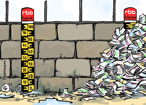 Cartoon: rbb-Pegel (medium) by Pfohlmann tagged rbb,örr,öffentlich,rechtlich,rundfunk,fernsehen,schlesinger,affäre,skandal,untreue,gebühren,gez,rundfunkbeitrag,geld,gier,rücktritt,sender,mitarbeiter,beschäftigte,fußvolk,geschäftsleitung,intendantin,intendanz,pegel,hochwasser,bonus,boni,gehalt,bezahlung,abendessen,fluss,trockenheit,hitzewelle,dürre,wassermangel,klimakrise,hitze,rbb,örr,öffentlich,rechtlich,rundfunk,fernsehen,schlesinger,affäre,skandal,untreue,gebühren,gez,rundfunkbeitrag,geld,gier,rücktritt,sender,mitarbeiter,beschäftigte,fußvolk,geschäftsleitung,intendantin,intendanz,pegel,hochwasser,bonus,boni,gehalt,bezahlung,abendessen,fluss,trockenheit,hitzewelle,dürre,wassermangel,klimakrise,hitze