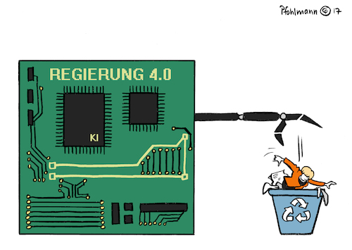 Cartoon: Regierung 4.0 (medium) by Pfohlmann tagged karikatur,cartoon,color,farbe,2017,deutschland,industrie,regierung,merkel,bundeskanzlerin,künstliche,intelligenz,chip,digitalisierung,gipfel,eu,gipfeltreffen,estland,ki,europa,roboter,abfall,müll,mensch,arbeitsplatz,disruption,karikatur,cartoon,color,farbe,2017,deutschland,industrie,regierung,merkel,bundeskanzlerin,künstliche,intelligenz,chip,digitalisierung,gipfel,eu,gipfeltreffen,estland,ki,europa,roboter,abfall,müll,mensch,arbeitsplatz,disruption