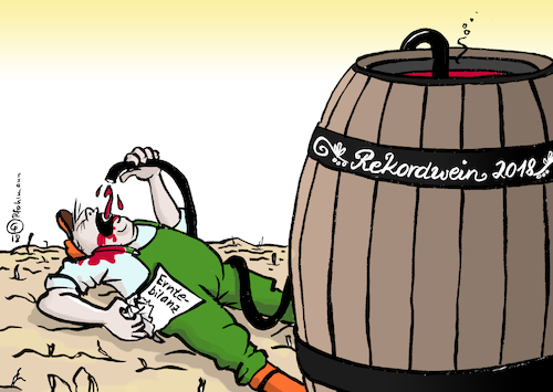 Cartoon: Rekordwein (medium) by Pfohlmann tagged karikatur,cartoon,color,farbe,2018,deutschland,hitze,hitzewelle,erntebilanz,ernte,ernteausfälle,landwirtschaft,bauern,verluste,ertrag,wein,weinlese,rekordwein,weinfass,alkohol,betrinken,entschädigung,trockenheit,wassermangel,agrarpolitik,karikatur,cartoon,color,farbe,2018,deutschland,hitze,hitzewelle,erntebilanz,ernte,ernteausfälle,landwirtschaft,bauern,verluste,ertrag,wein,weinlese,rekordwein,weinfass,alkohol,betrinken,entschädigung,trockenheit,wassermangel,agrarpolitik