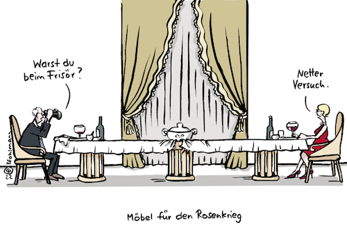 Cartoon: Rosenkrieg-Tisch (medium) by Pfohlmann tagged russland,eu,ukraine,usa,krieg,putin,macron,scholz,ehe,rosenkrieg,scheidung,beziehung,tischtuch,mann,frau,tisch,distanz,abstand,russland,eu,ukraine,usa,krieg,putin,macron,scholz,ehe,rosenkrieg,scheidung,beziehung,tischtuch,mann,frau,tisch,distanz,abstand