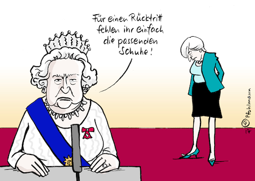 Cartoon: Rücktrittsschuhe (medium) by Pfohlmann tagged karikatur,cartoon,2017,color,farbe,großbritannien,neuwahlen,may,premierministerin,niederlage,schlappe,queen,elizabeth,regierungsbildung,regierung,konservative,brexit,schuhe,rücktritt,wahlschlappe,verlust,verliererin,karikatur,cartoon,2017,color,farbe,großbritannien,neuwahlen,may,premierministerin,niederlage,schlappe,queen,elizabeth,regierungsbildung,regierung,konservative,brexit,schuhe,rücktritt,wahlschlappe,verlust,verliererin