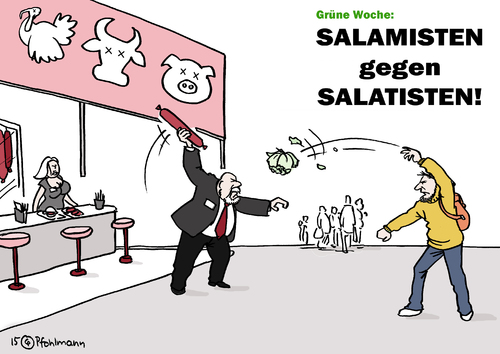 Cartoon: Salamisten (medium) by Pfohlmann tagged karikatur,cartoon,2015,color,farbe,deutschland,grüne,woche,salamisten,salatisten,salami,salat,vegetarier,veganer,vegetarismus,fleischindustrie,massentierhaltung,fleisch,berlin,messe,streit,proteste,fleischkonsum,agrarindustrie,tierhaltung,tierindustrie,karikatur,cartoon,2015,color,farbe,deutschland,grüne,woche,salamisten,salatisten,salami,salat,vegetarier,veganer,vegetarismus,fleischindustrie,massentierhaltung,fleisch,berlin,messe,streit,proteste,fleischkonsum,agrarindustrie,tierhaltung,tierindustrie