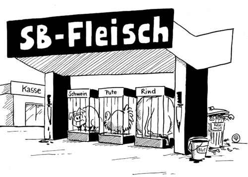 Cartoon: SB-Fleisch (medium) by Pfohlmann tagged fleisch,fleischkonsum,tiere,tierhaltung,massentierhaltung,sb,selbstbedienung,schlachten,töten,fleisch,fleischkonsum,tiere,tierhaltung,massentierhaltung,sb,selbstbedienung,schlachten,töten