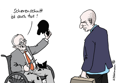 Cartoon: Scherenschnitt (medium) by Pfohlmann tagged karikatur,cartoon,2015,color,farbe,griechenland,deutschland,schäuble,varoufakis,finanzminister,treffen,schuldenschnitt,scherenschnitt,schnitt,schere,eu,reformen,sparprogramm,kredite,finanzhilfen,euro,schuldenkrise,schulden,linke,syriza,regierungswechsel,karikatur,cartoon,2015,color,farbe,griechenland,deutschland,schäuble,varoufakis,finanzminister,treffen,schuldenschnitt,scherenschnitt,schnitt,schere,eu,reformen,sparprogramm,kredite,finanzhilfen,euro,schuldenkrise,schulden,linke,syriza,regierungswechsel