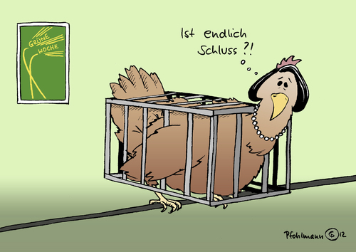 Cartoon: Schluss! (medium) by Pfohlmann tagged karikatur,color,farbe,2012,deutschland,grüne,woche,berlin,aigner,krampfhenne,henne,huhn,käfig,käfighenne,käfighaltung,massentierhaltung,schluss,verbraucherschutz,verbraucherschutzministerin,landwirtschaftsministerin,landwirtschaft,tierschutz,deutschland,grüne woche,berlin,aigner,huhn,käfig,grüne,woche