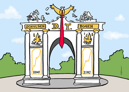 Cartoon: Schuldenbogen (medium) by Pfohlmann tagged usa,trump,schulden,verschuldung,finanzen,triumphbogen,selbstlob,narzissmus,rekordverschuldung,architektur,denkmal,monument,kitsch,washington,präsident,usa,trump,schulden,verschuldung,finanzen,triumphbogen,selbstlob,narzissmus,rekordverschuldung,architektur,denkmal,monument,kitsch,washington,präsident